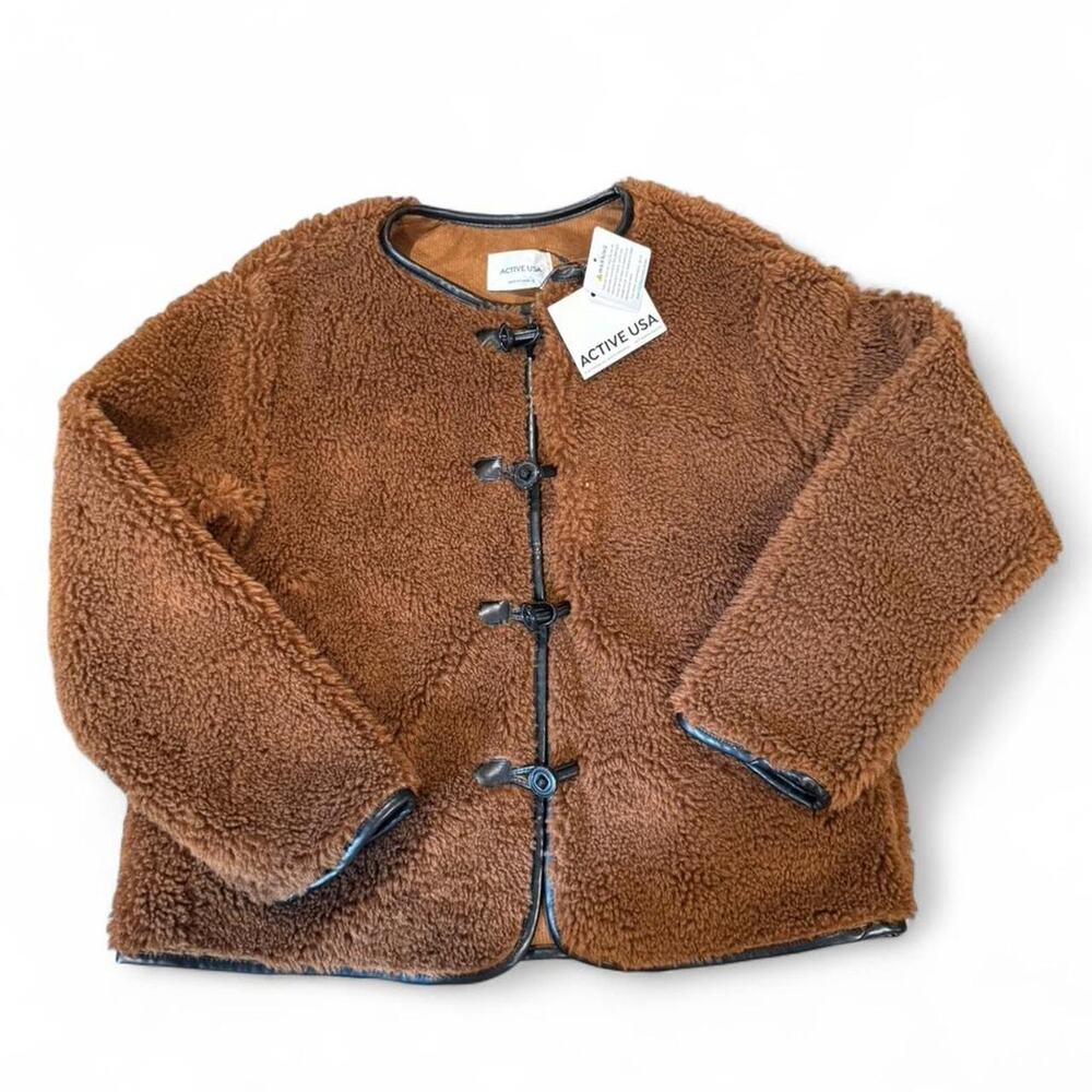 NWT Active USA Brown Teddy Jacket Faux Leather Black Trim Size M Soft Cozy Cute